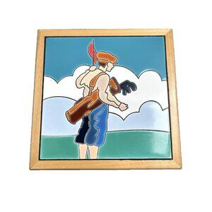 Wooden Trinket Jewelry Box Tile Inlay Of Vintage Style Golfer Hinged New 7x7x2